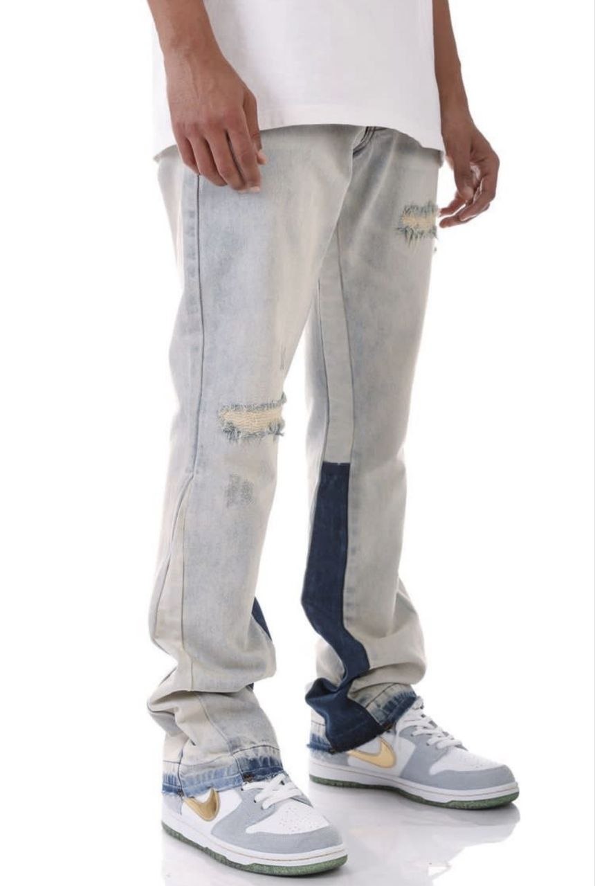 Distressed Two-Tone Gusset Reconstructed Stacked Flare Jeans